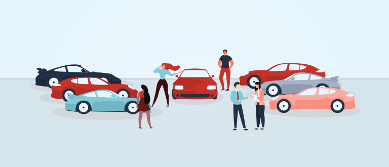 a group of people standing around cars to buy a car